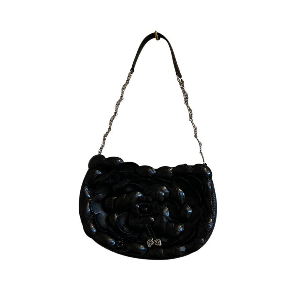 Mary Frances Black Leather Purse With 3D Floral Design & Chain Strap - Picture 3 of 5